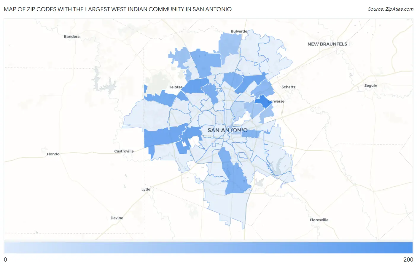 Zip Codes with the Largest West Indian Community in San Antonio Map