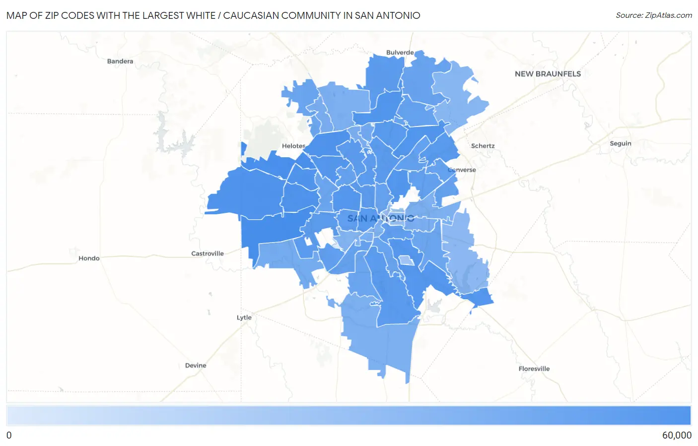 Zip Codes with the Largest White / Caucasian Community in San Antonio Map