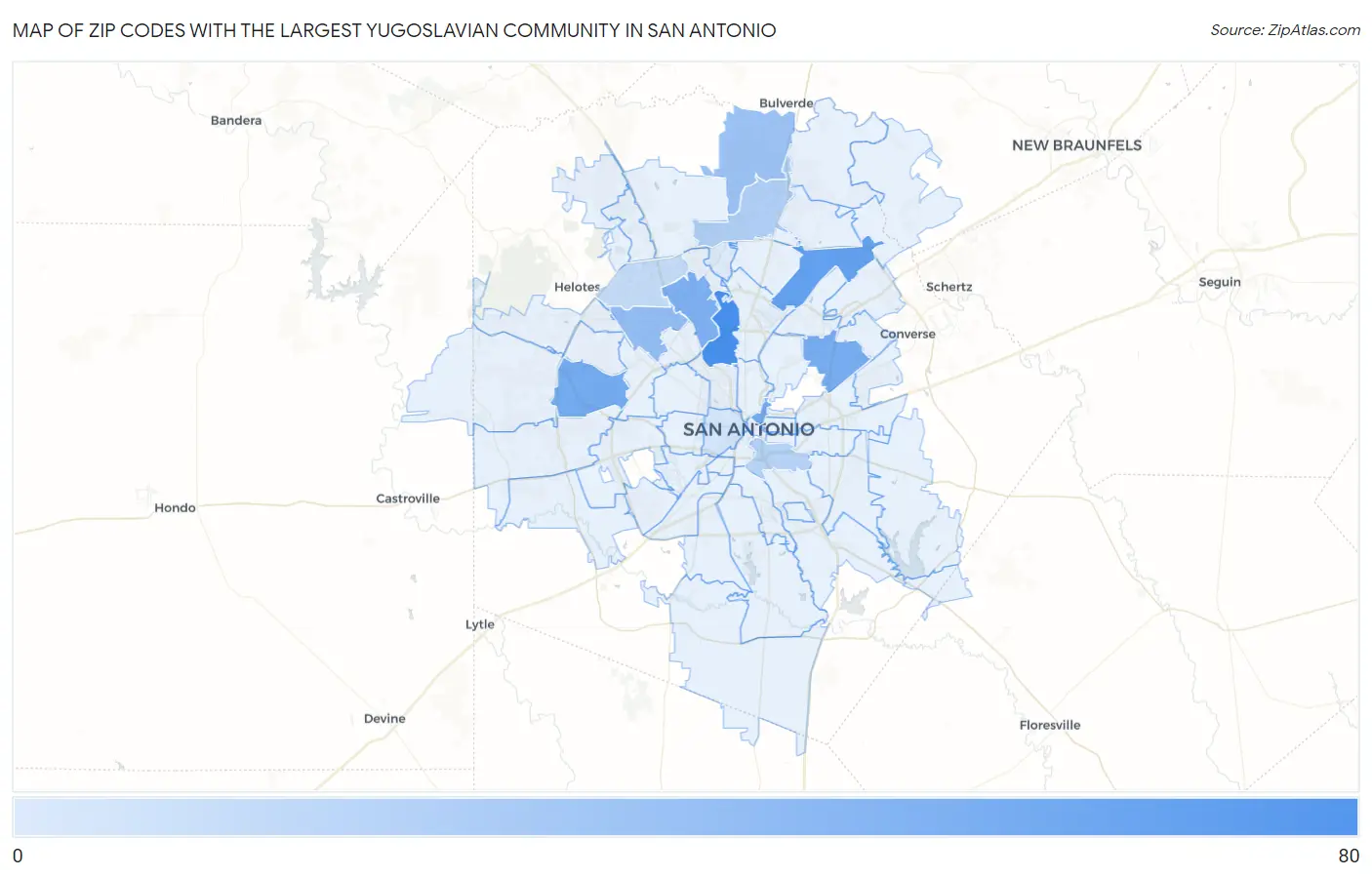 Zip Codes with the Largest Yugoslavian Community in San Antonio Map