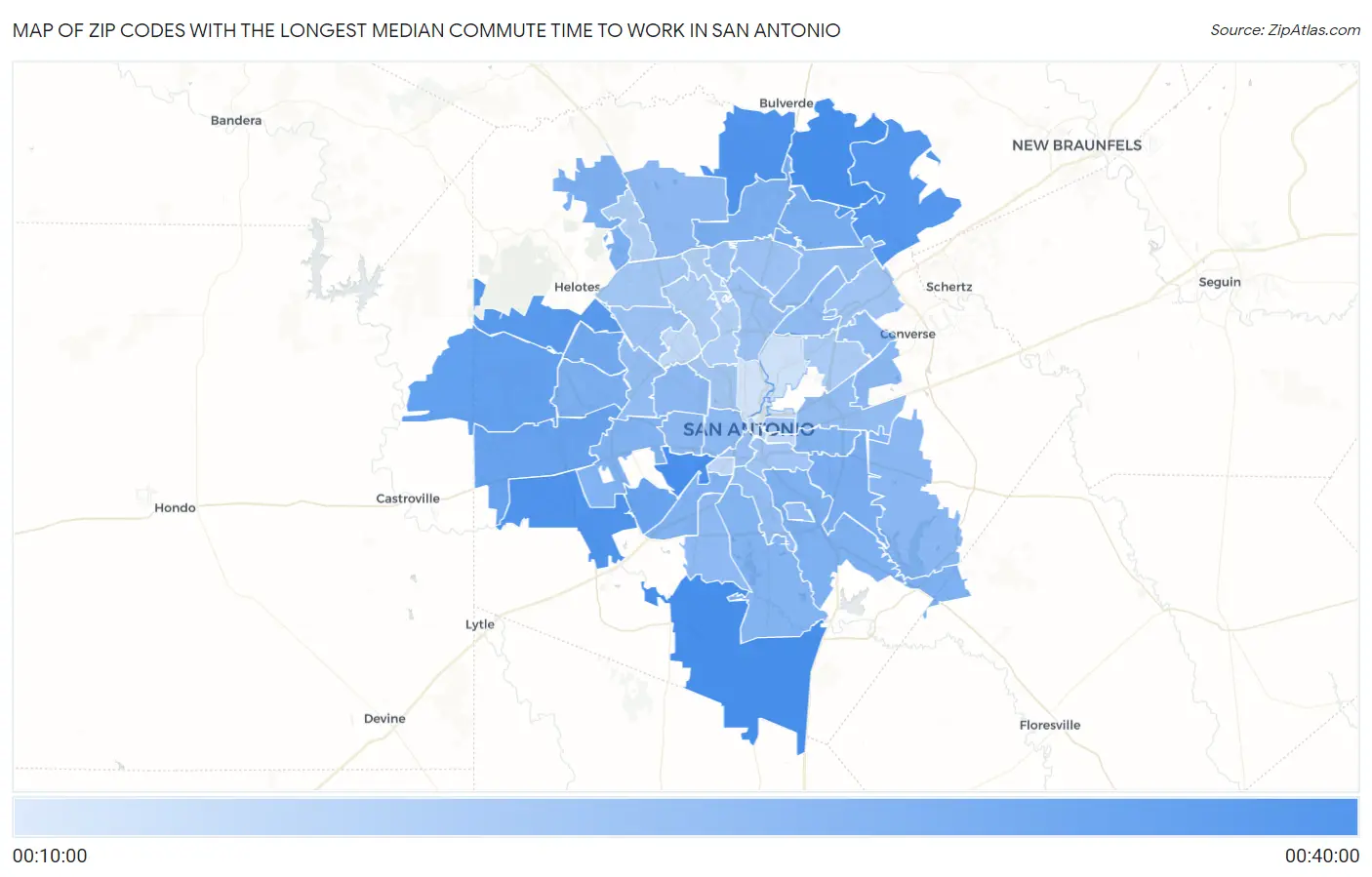 Zip Codes with the Longest Median Commute Time to Work in San Antonio Map