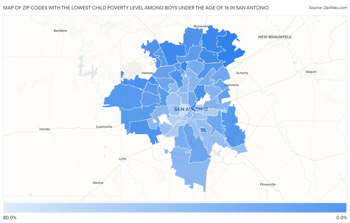 Zip Codes with the Lowest Child Poverty Level Among Boys Under the Age of 16 in San Antonio Map