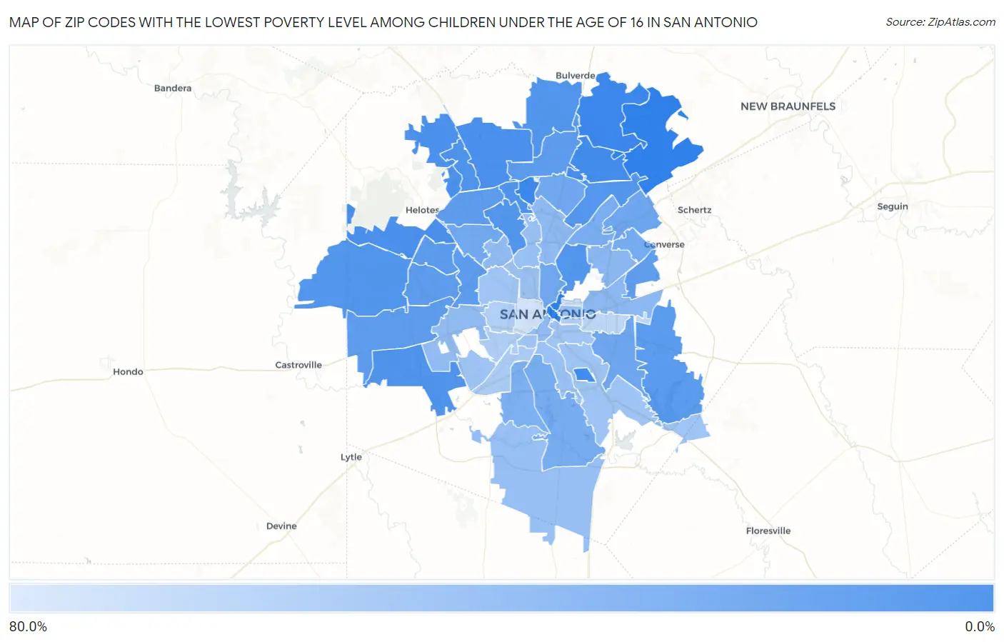 Zip Codes with the Lowest Poverty Level Among Children Under the Age of 16 in San Antonio Map