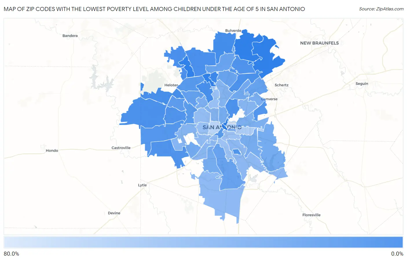 Zip Codes with the Lowest Poverty Level Among Children Under the Age of 5 in San Antonio Map