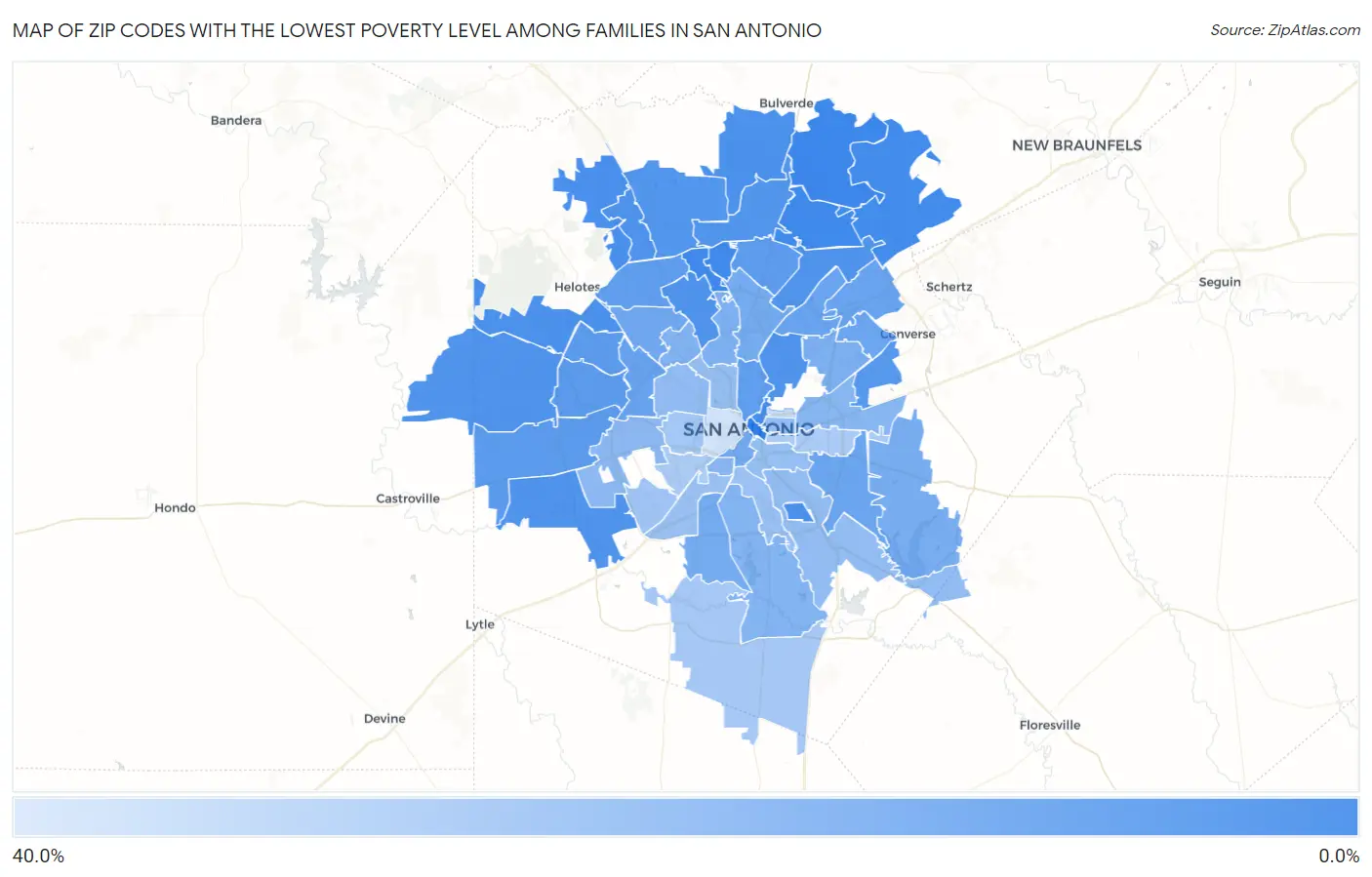 Zip Codes with the Lowest Poverty Level Among Families in San Antonio Map