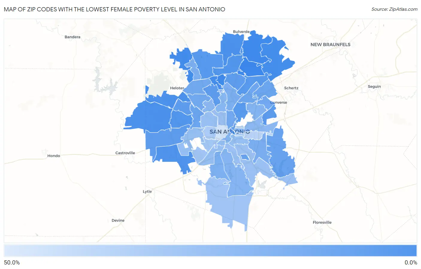 Zip Codes with the Lowest Female Poverty Level in San Antonio Map