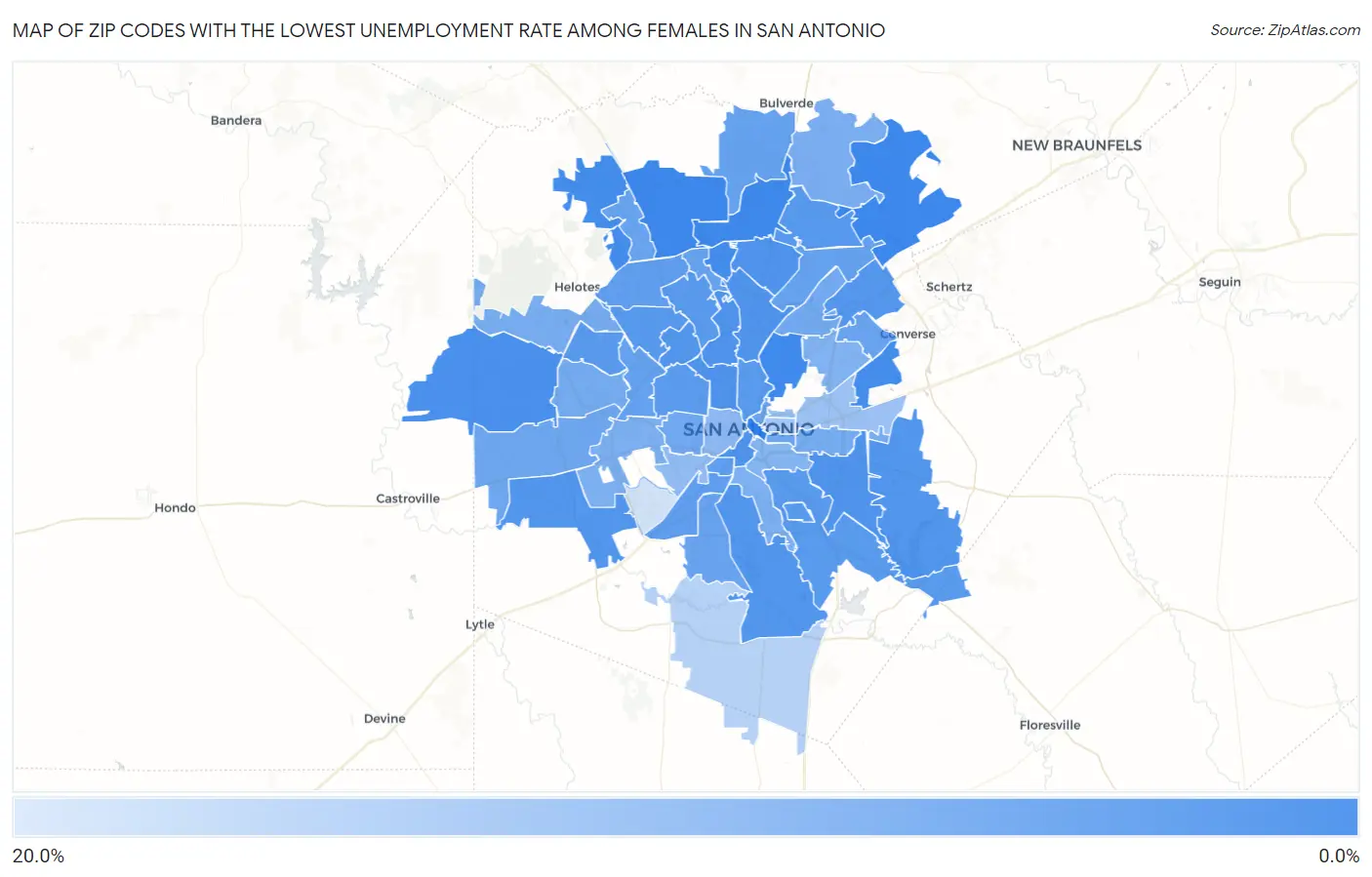 Zip Codes with the Lowest Unemployment Rate Among Females in San Antonio Map