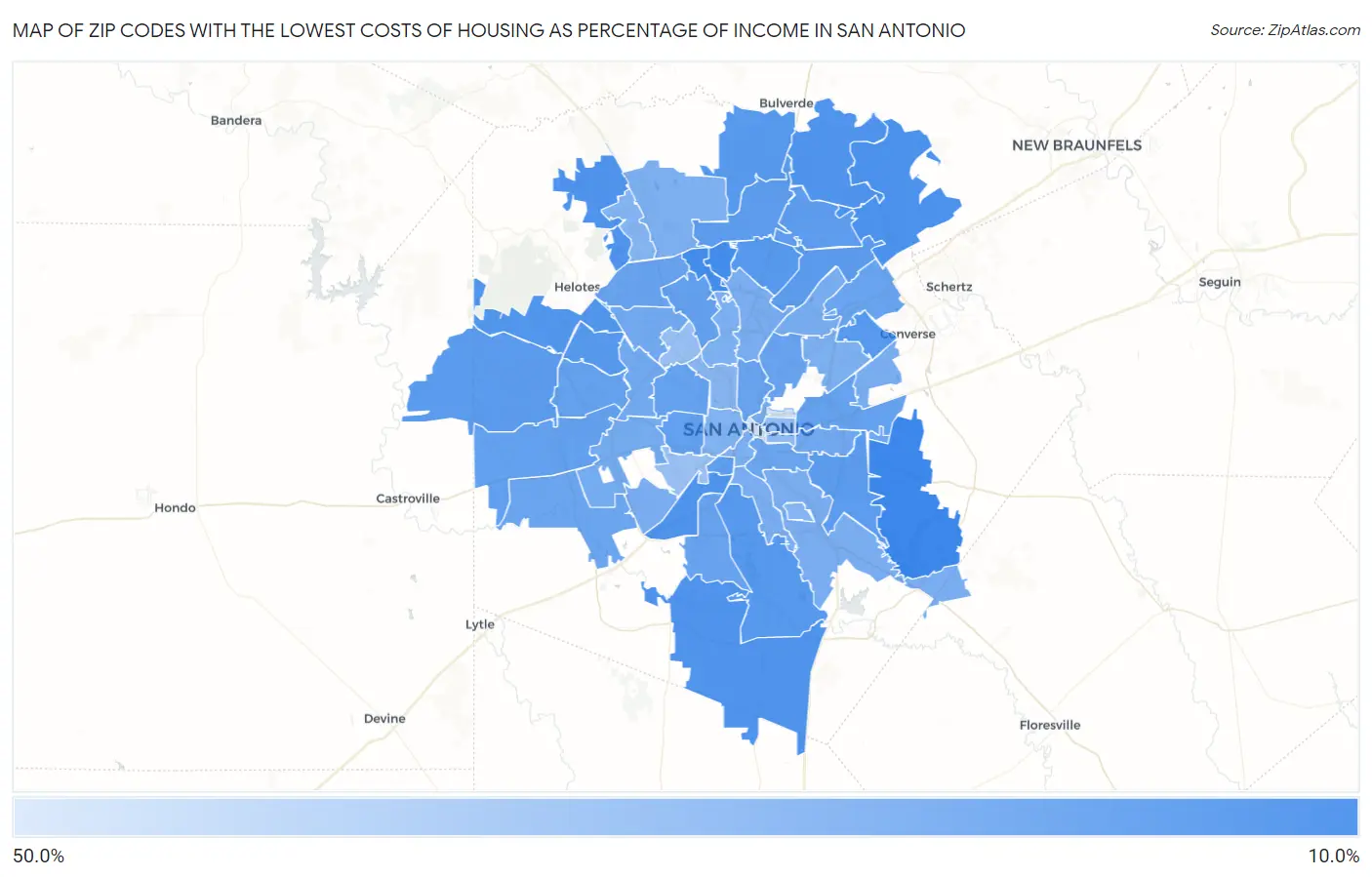 Zip Codes with the Lowest Costs of Housing as Percentage of Income in San Antonio Map