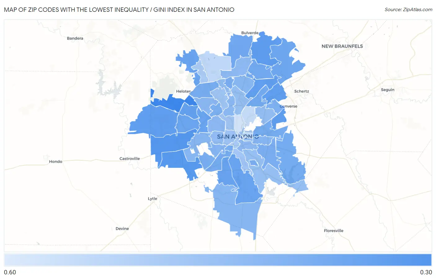 Zip Codes with the Lowest Inequality / Gini Index in San Antonio Map