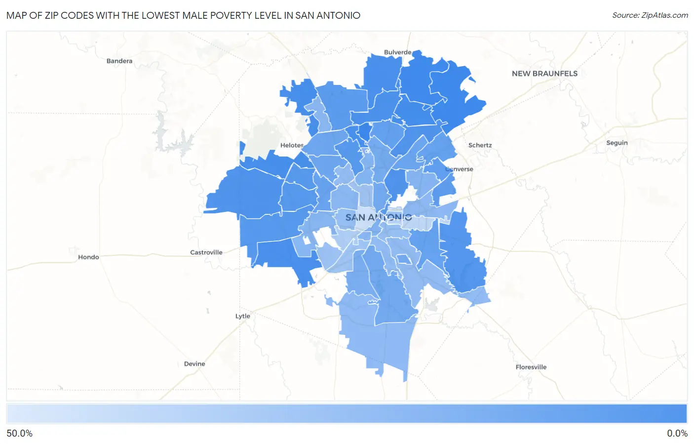 Zip Codes with the Lowest Male Poverty Level in San Antonio Map