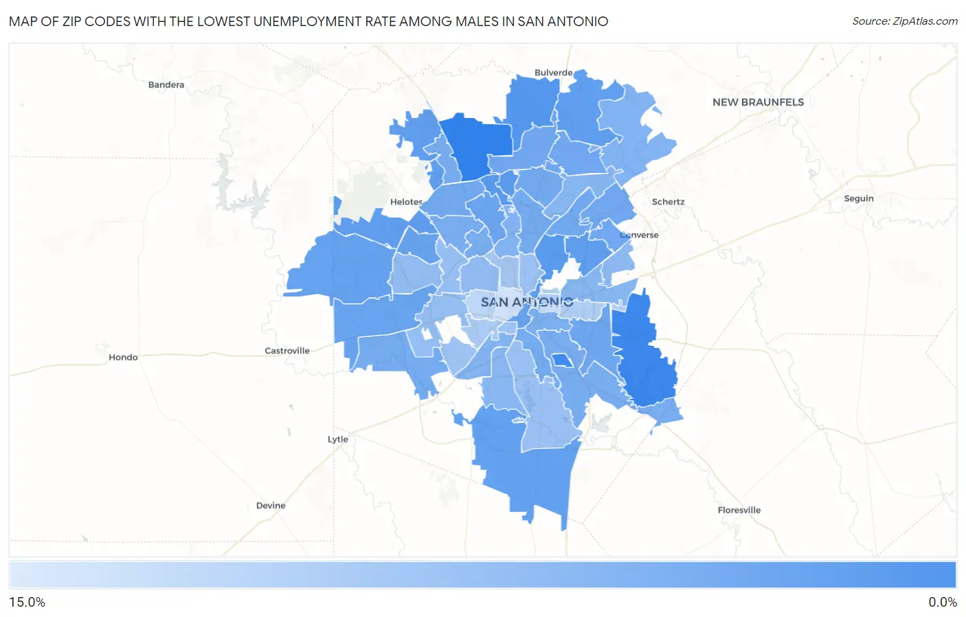 Zip Codes with the Lowest Unemployment Rate Among Males in San Antonio Map