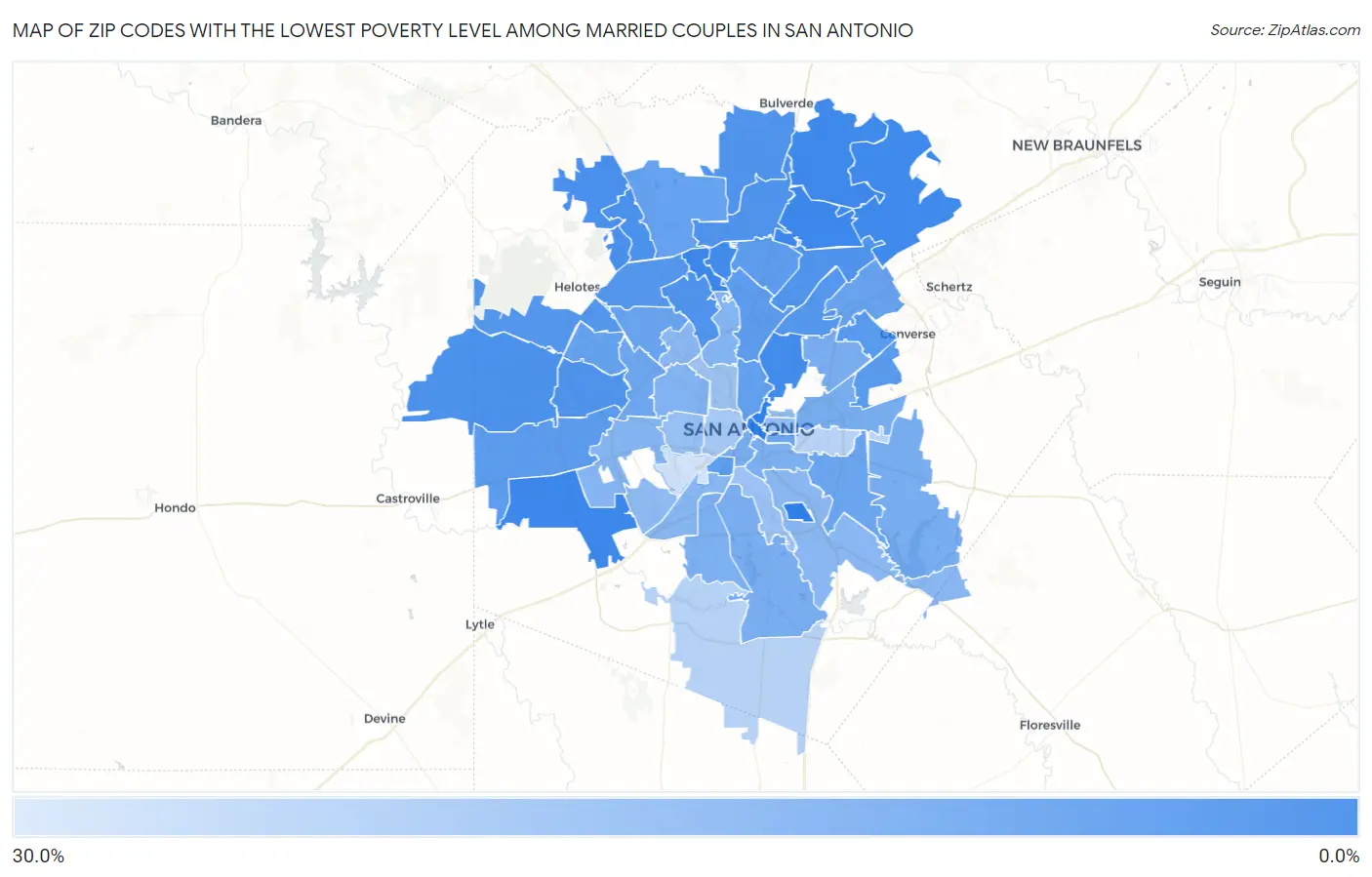 Zip Codes with the Lowest Poverty Level Among Married Couples in San Antonio Map