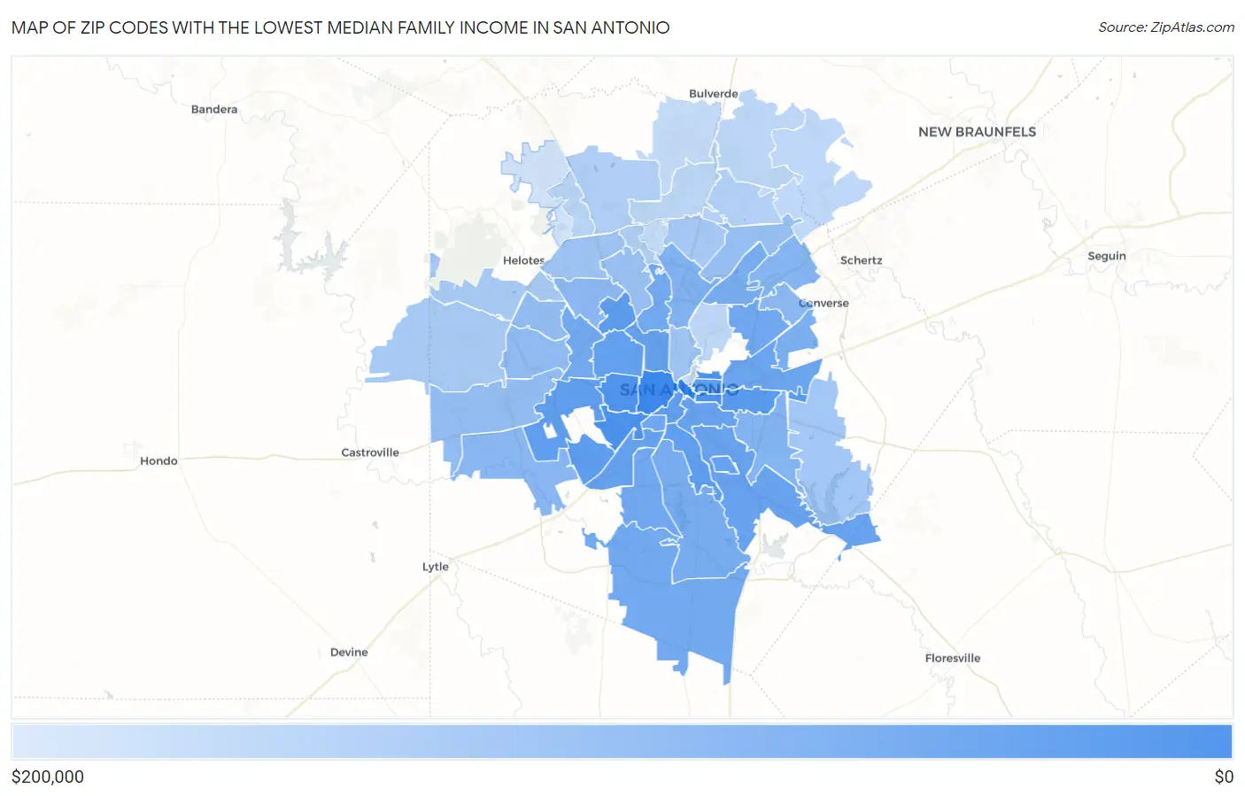 Zip Codes with the Lowest Median Family Income in San Antonio Map