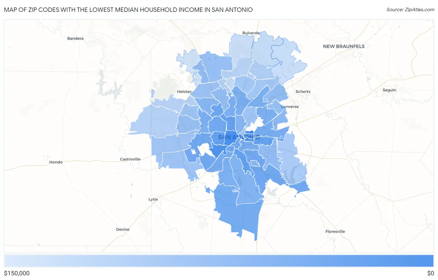 Zip Codes with the Lowest Median Household Income in San Antonio Map