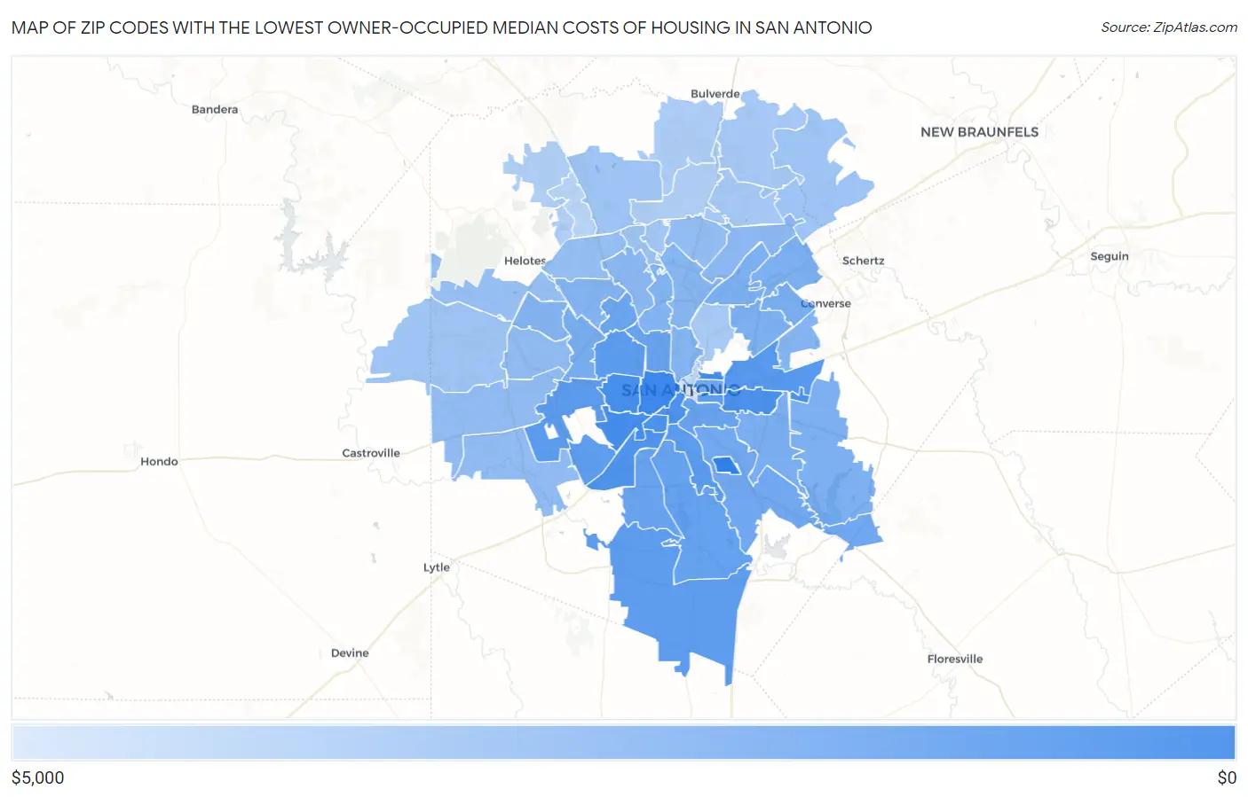 Zip Codes with the Lowest Owner-Occupied Median Costs of Housing in San Antonio Map
