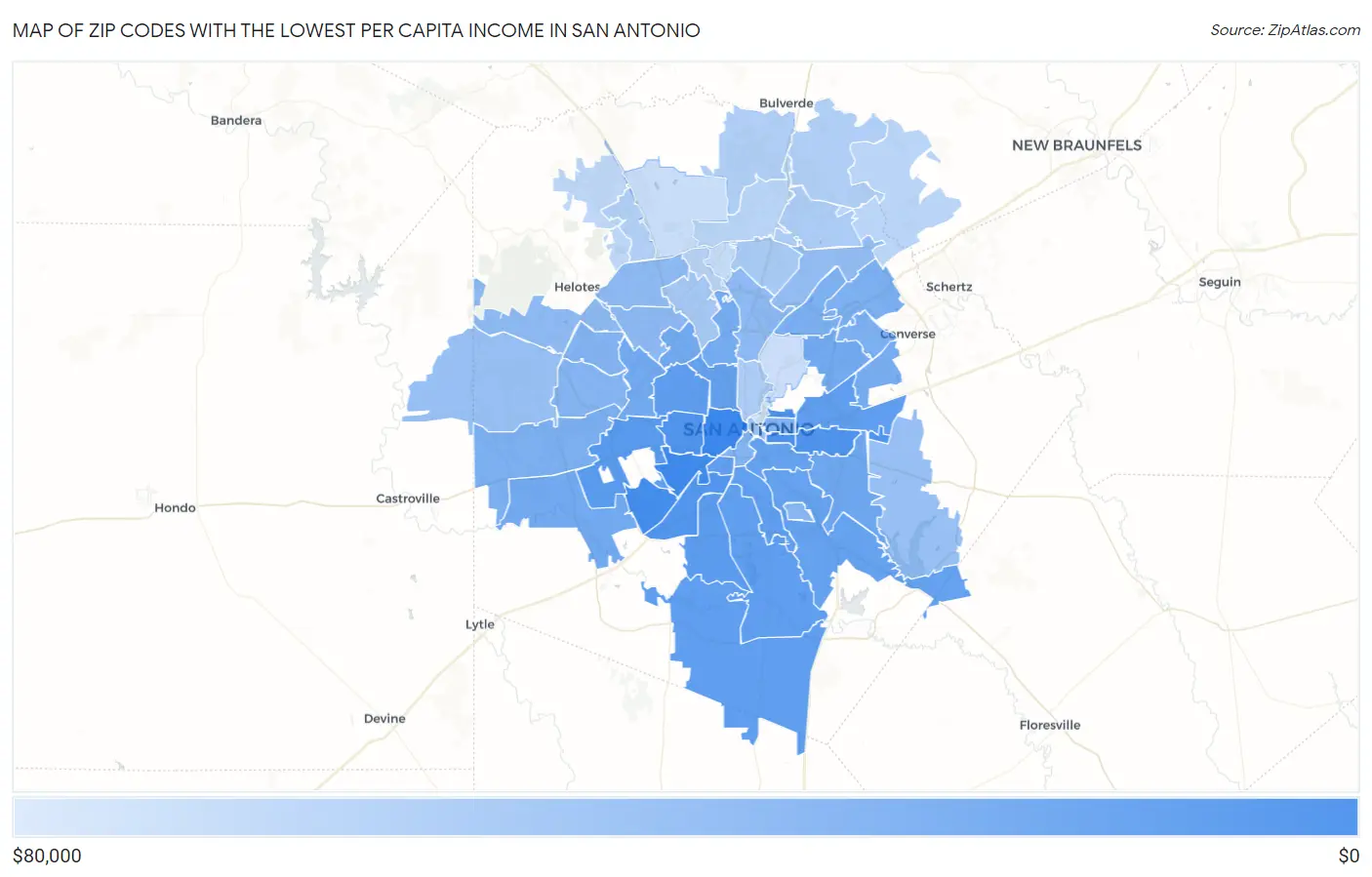 Zip Codes with the Lowest Per Capita Income in San Antonio Map