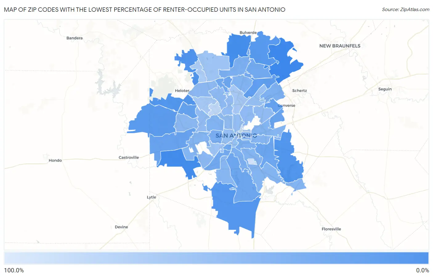Zip Codes with the Lowest Percentage of Renter-Occupied Units in San Antonio Map