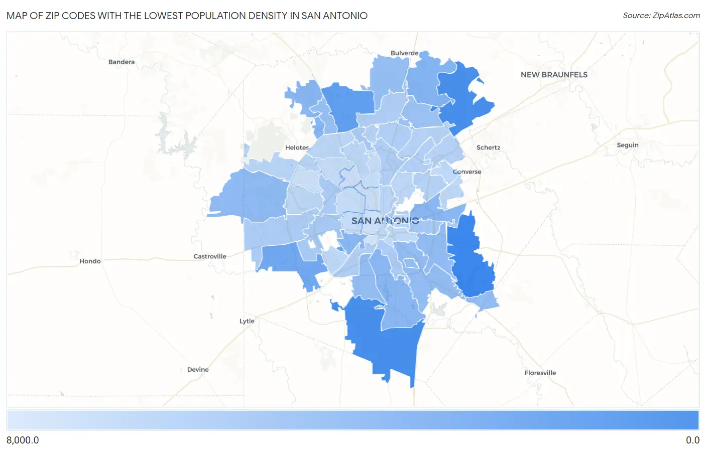 Zip Codes with the Lowest Population Density in San Antonio Map