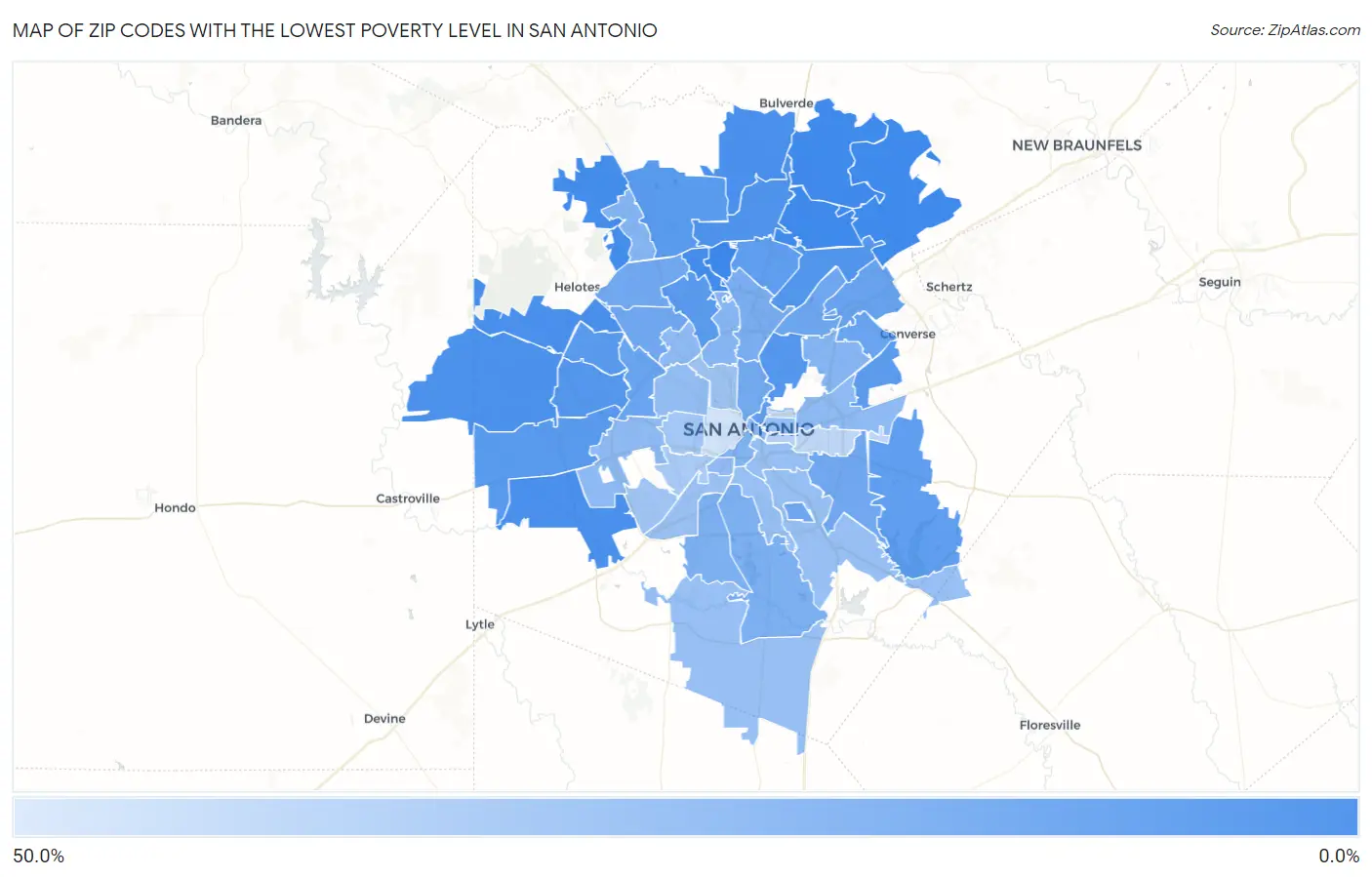 Zip Codes with the Lowest Poverty Level in San Antonio Map