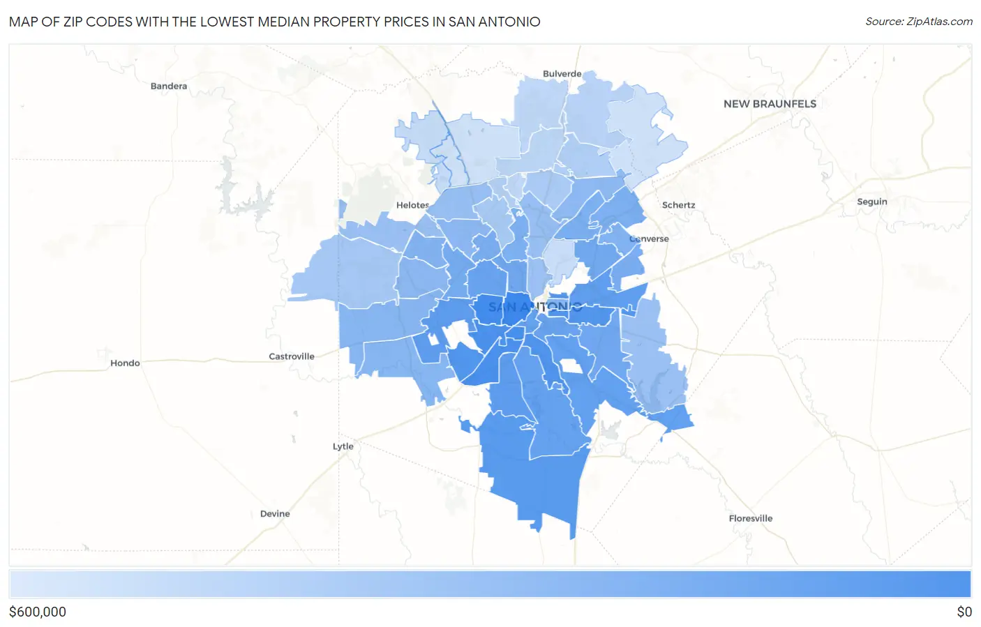 Zip Codes with the Lowest Median Property Prices in San Antonio Map