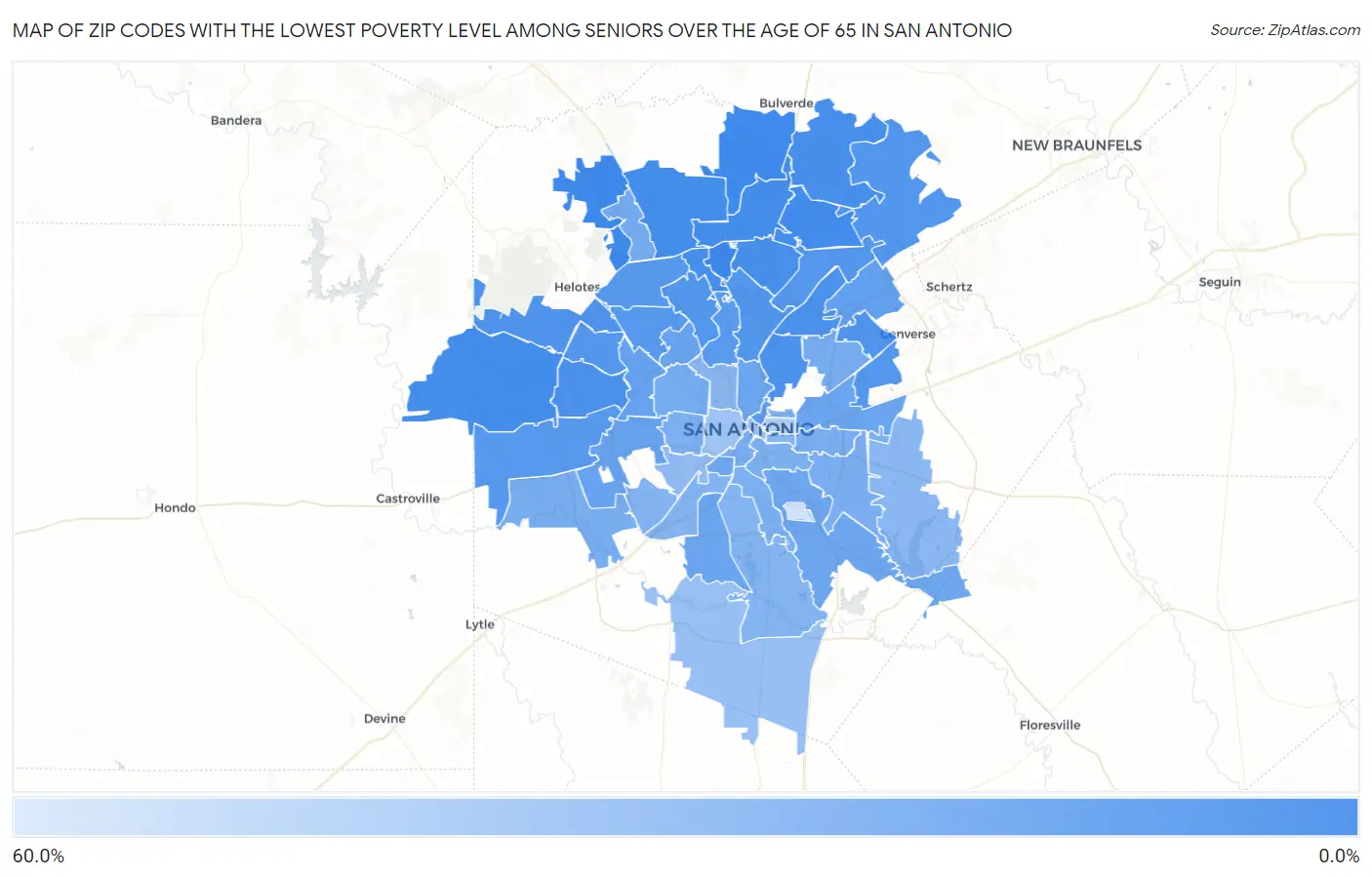 Zip Codes with the Lowest Poverty Level Among Seniors Over the Age of 65 in San Antonio Map