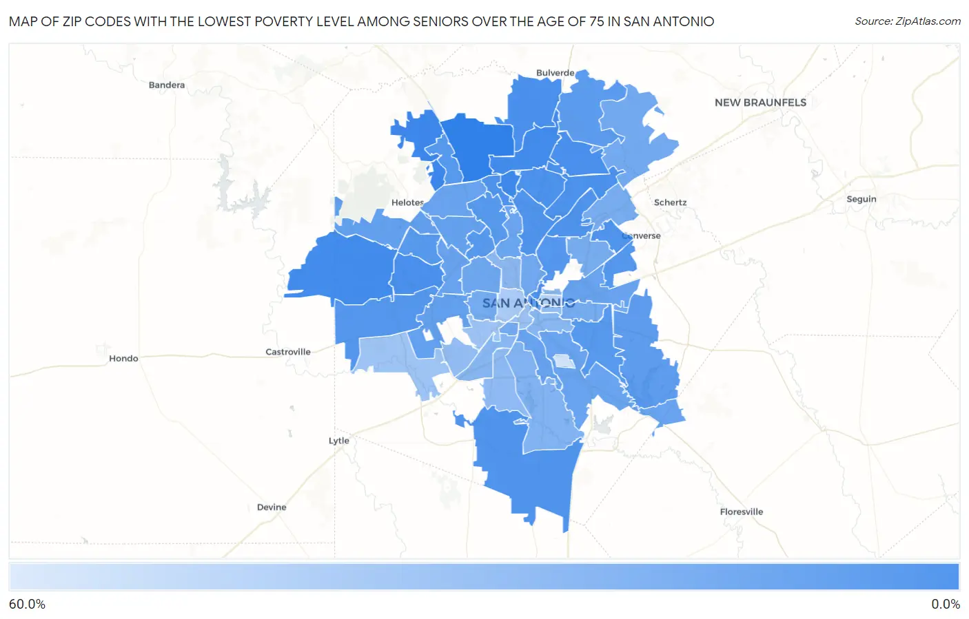 Zip Codes with the Lowest Poverty Level Among Seniors Over the Age of 75 in San Antonio Map