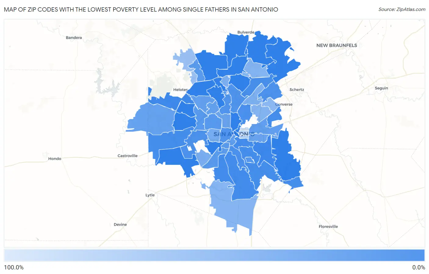 Zip Codes with the Lowest Poverty Level Among Single Fathers in San Antonio Map