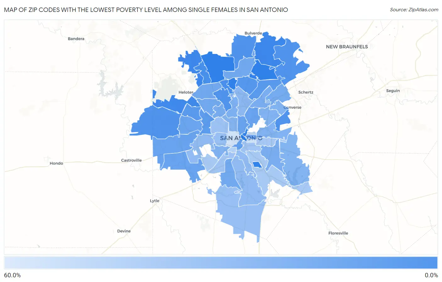 Zip Codes with the Lowest Poverty Level Among Single Females in San Antonio Map