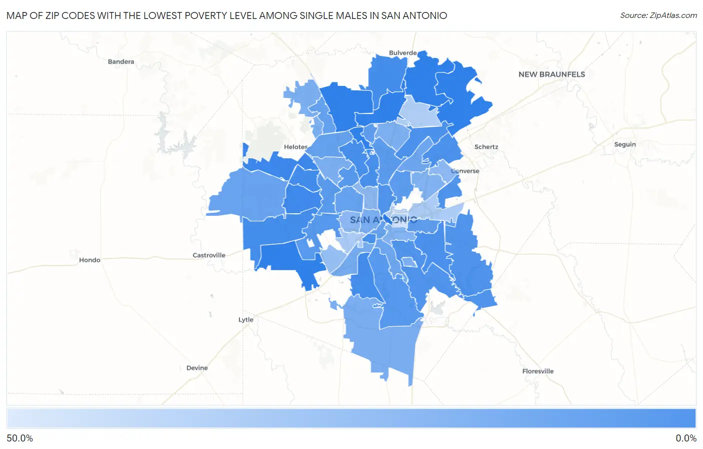 Zip Codes with the Lowest Poverty Level Among Single Males in San Antonio Map