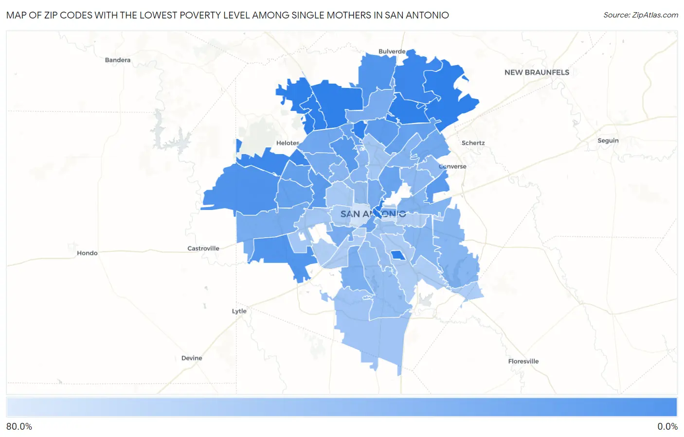 Zip Codes with the Lowest Poverty Level Among Single Mothers in San Antonio Map