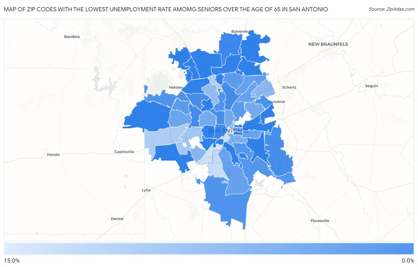 Zip Codes with the Lowest Unemployment Rate Amomg Seniors Over the Age of 65 in San Antonio Map