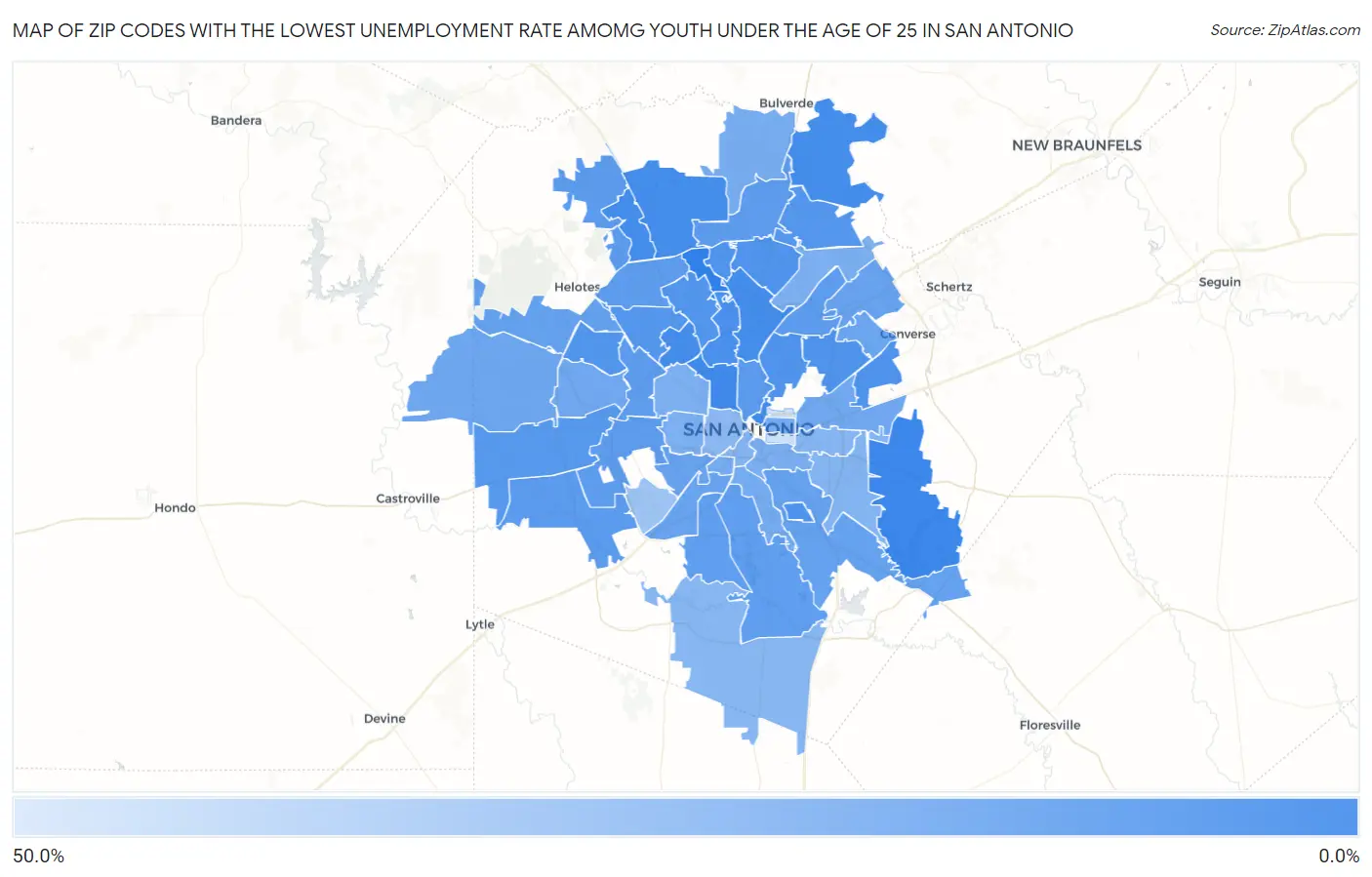 Zip Codes with the Lowest Unemployment Rate Amomg Youth Under the Age of 25 in San Antonio Map