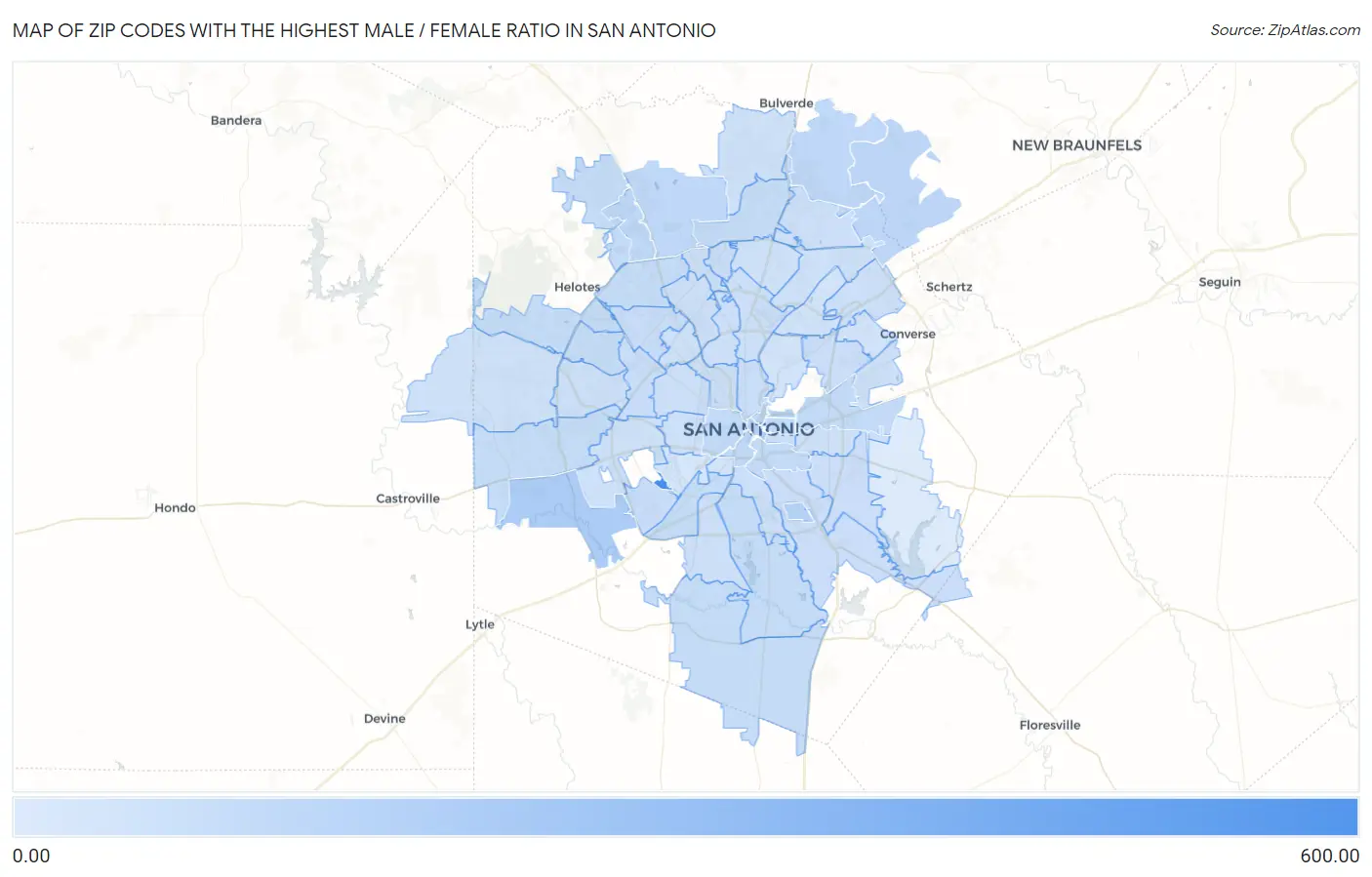 Zip Codes with the Highest Male / Female Ratio in San Antonio Map