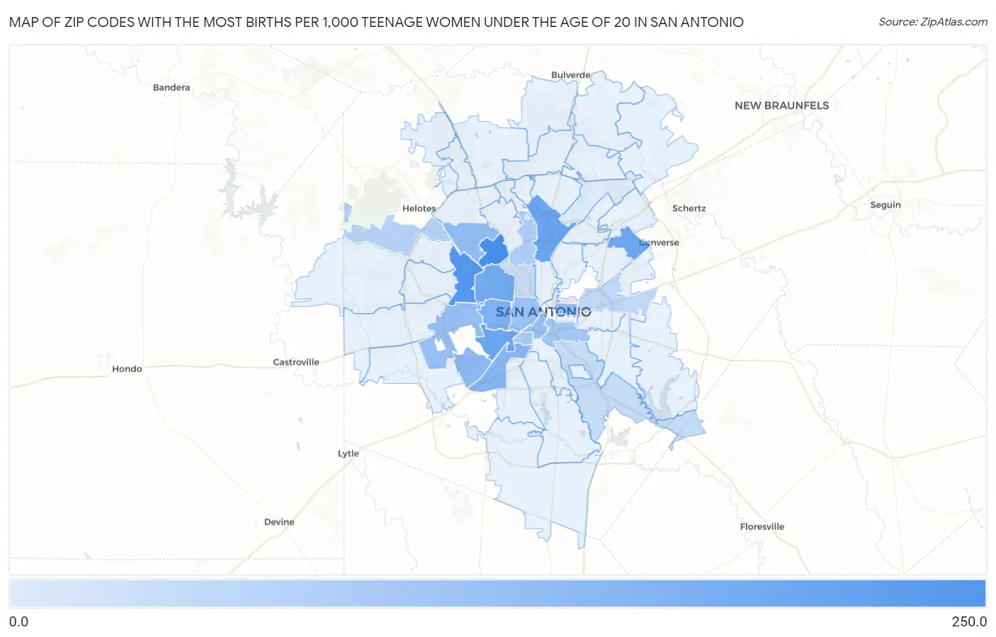 Zip Codes with the Most Births per 1,000 Teenage Women Under the Age of 20 in San Antonio Map