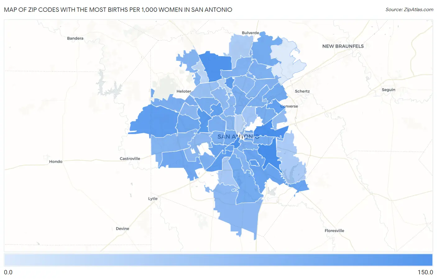 Zip Codes with the Most Births per 1,000 Women in San Antonio Map