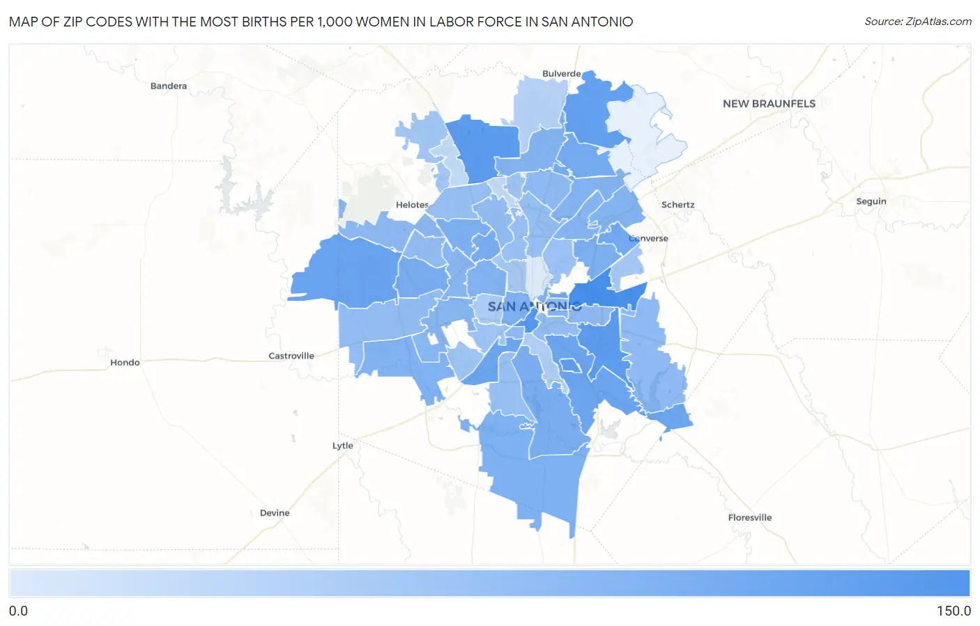 Zip Codes with the Most Births per 1,000 Women in Labor Force in San Antonio Map