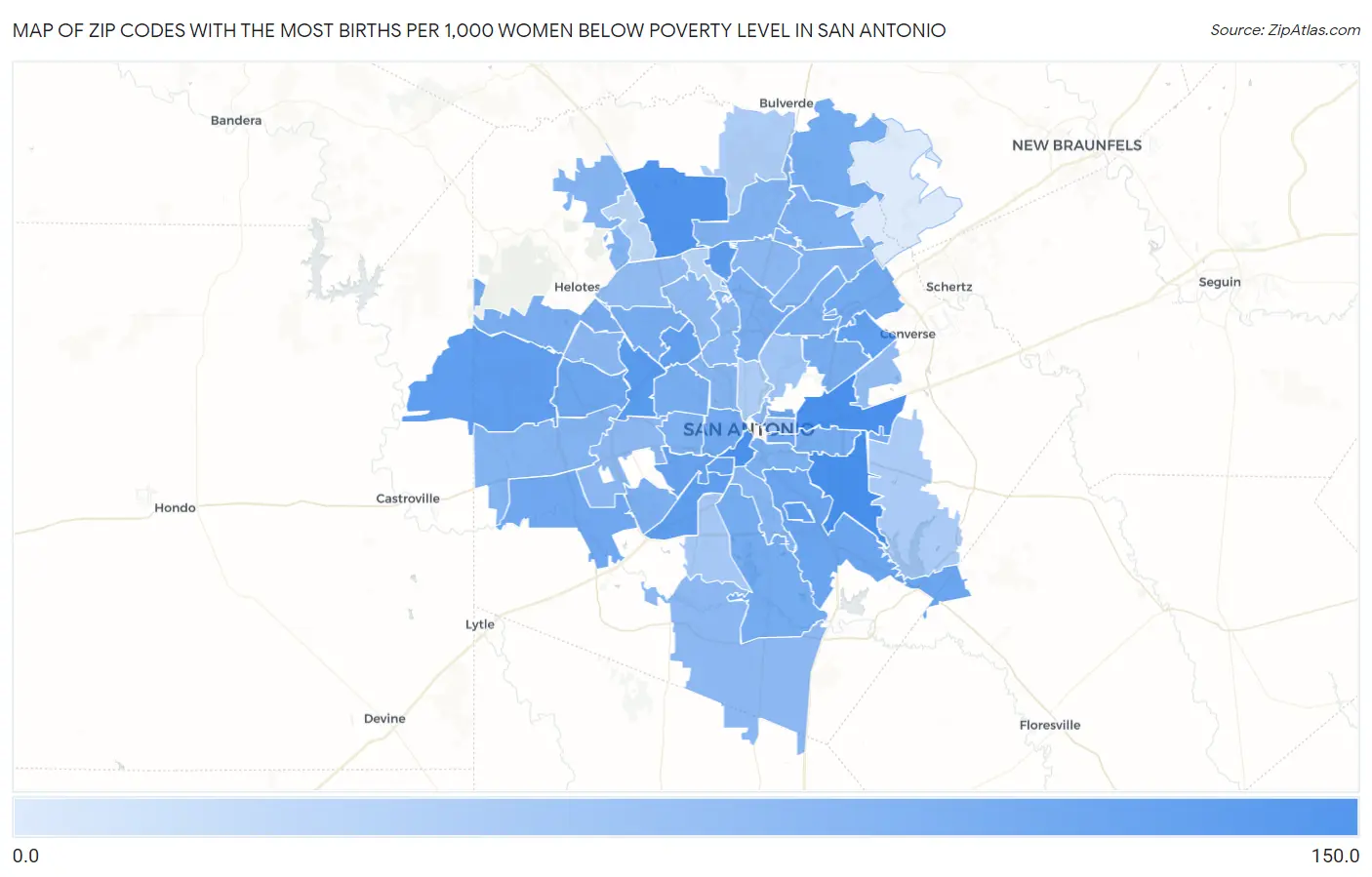 Zip Codes with the Most Births per 1,000 Women Below Poverty Level in San Antonio Map