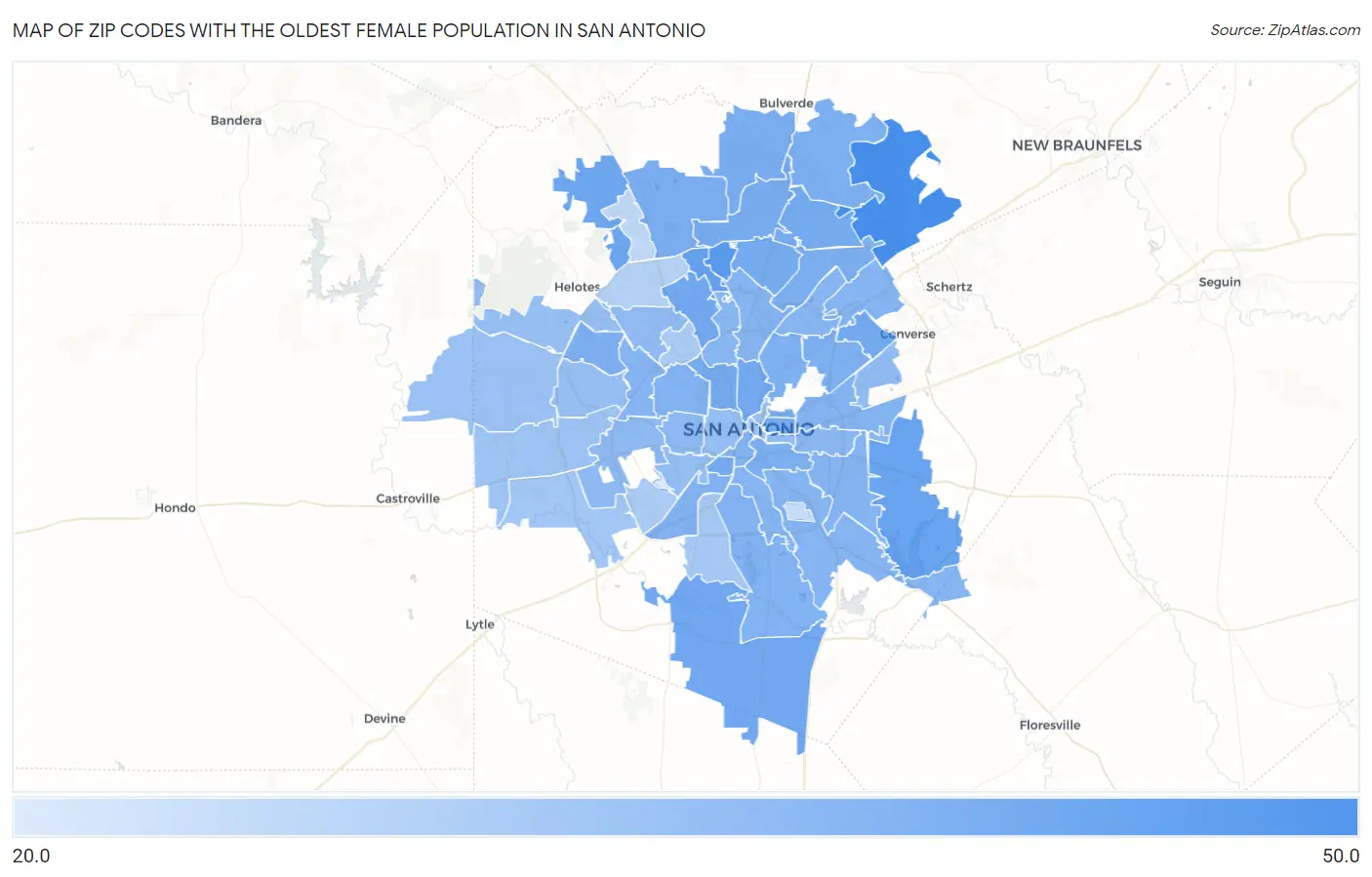 Zip Codes with the Oldest Female Population in San Antonio Map