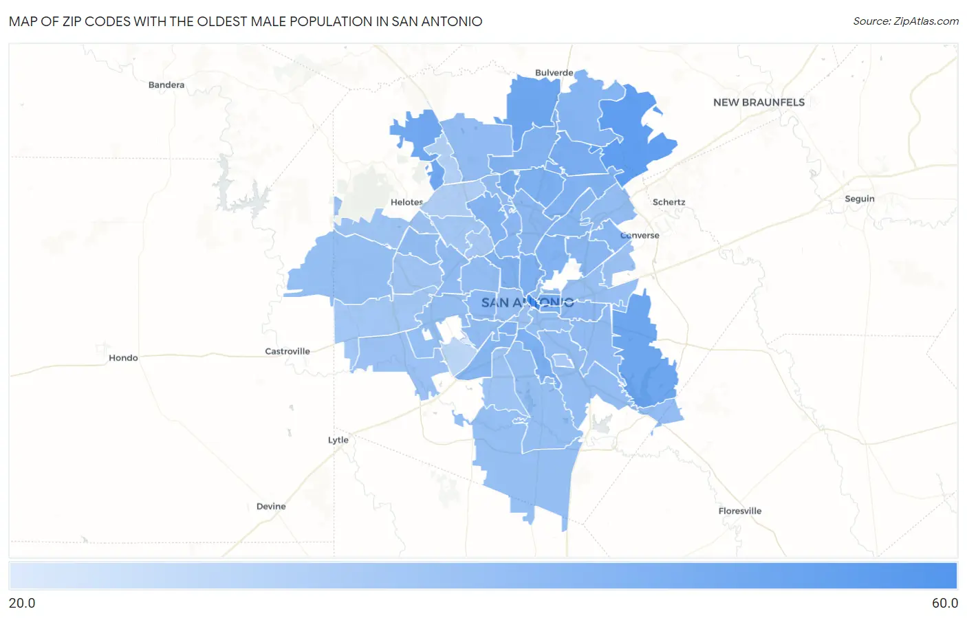 Zip Codes with the Oldest Male Population in San Antonio Map