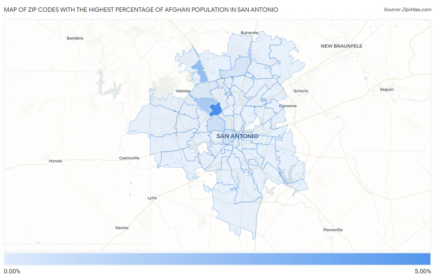Zip Codes with the Highest Percentage of Afghan Population in San Antonio Map