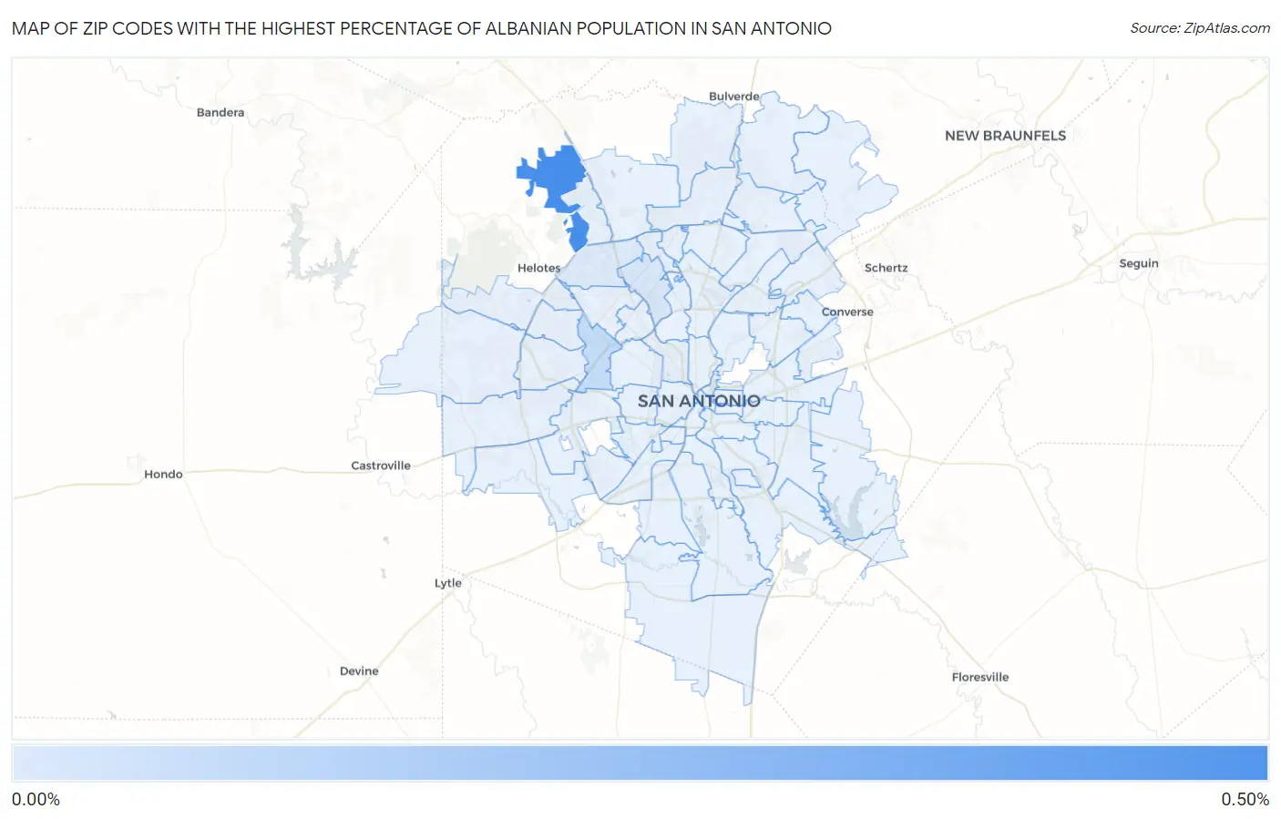 Zip Codes with the Highest Percentage of Albanian Population in San Antonio Map