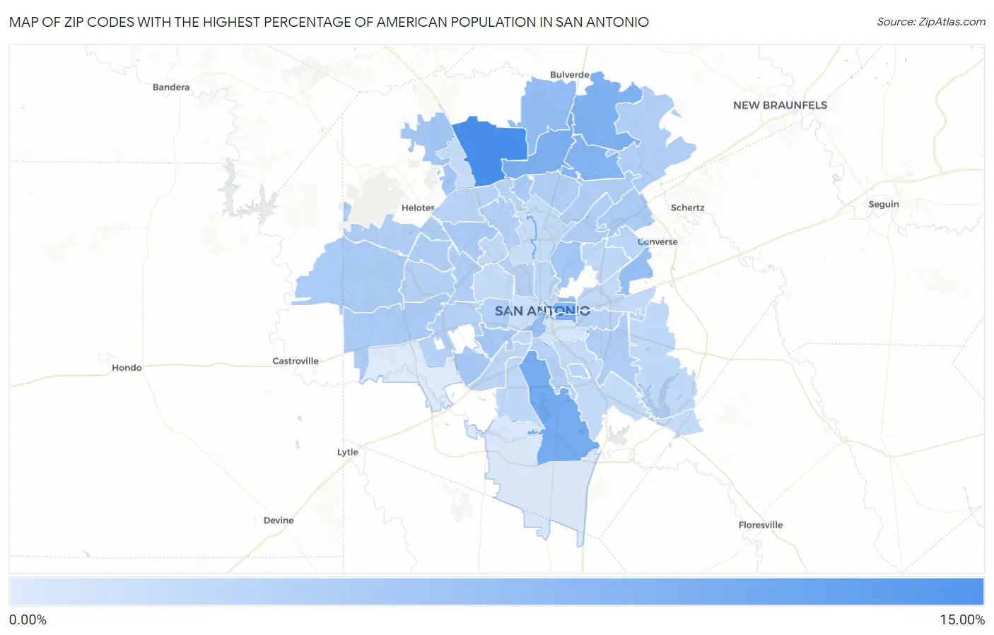 Zip Codes with the Highest Percentage of American Population in San Antonio Map