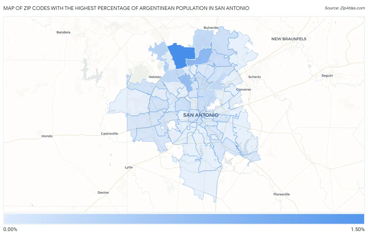 Zip Codes with the Highest Percentage of Argentinean Population in San Antonio Map