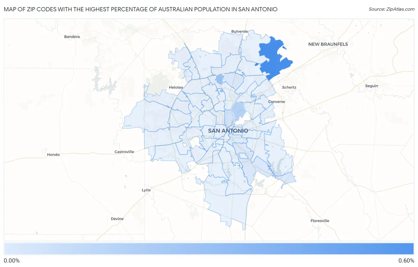 Zip Codes with the Highest Percentage of Australian Population in San Antonio Map