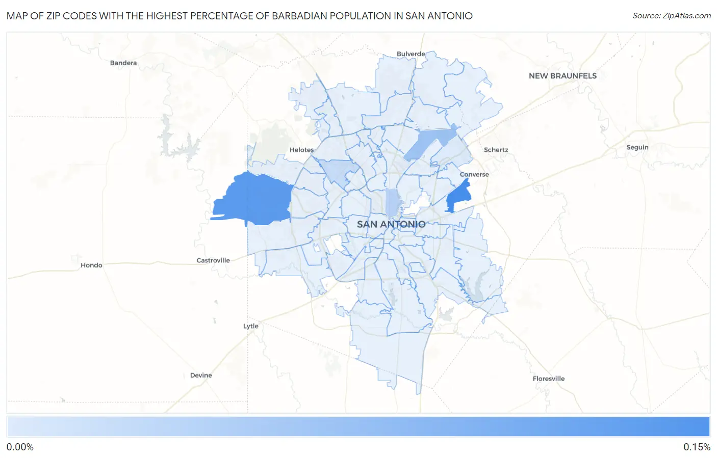 Zip Codes with the Highest Percentage of Barbadian Population in San Antonio Map