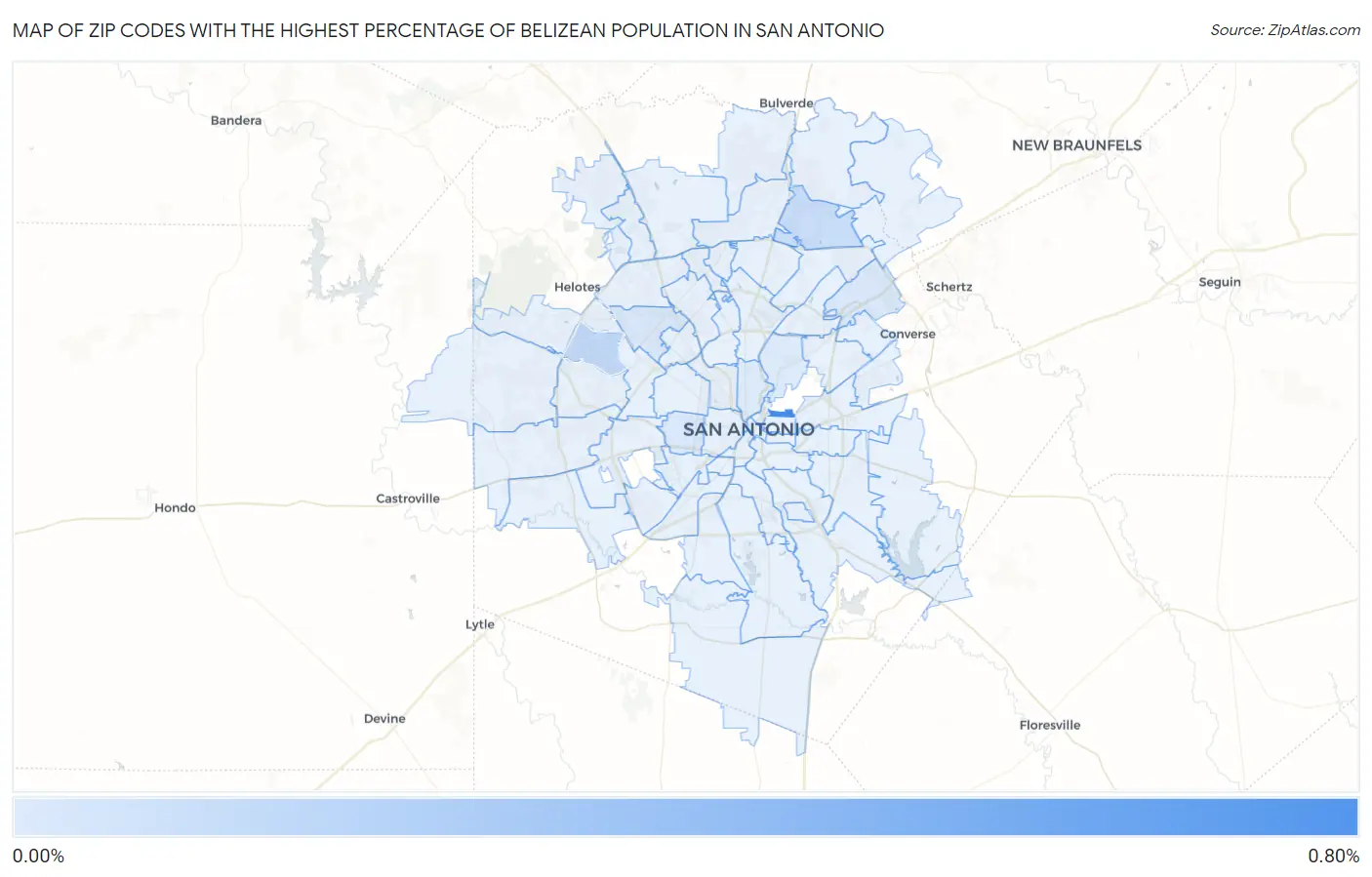 Zip Codes with the Highest Percentage of Belizean Population in San Antonio Map