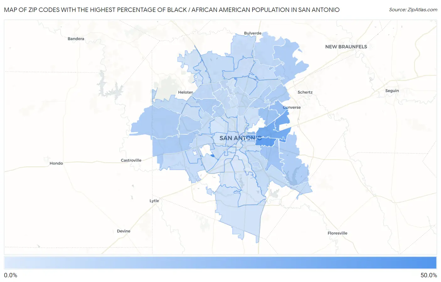 Zip Codes with the Highest Percentage of Black / African American Population in San Antonio Map