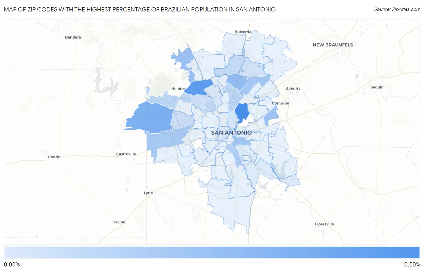 Zip Codes with the Highest Percentage of Brazilian Population in San Antonio Map