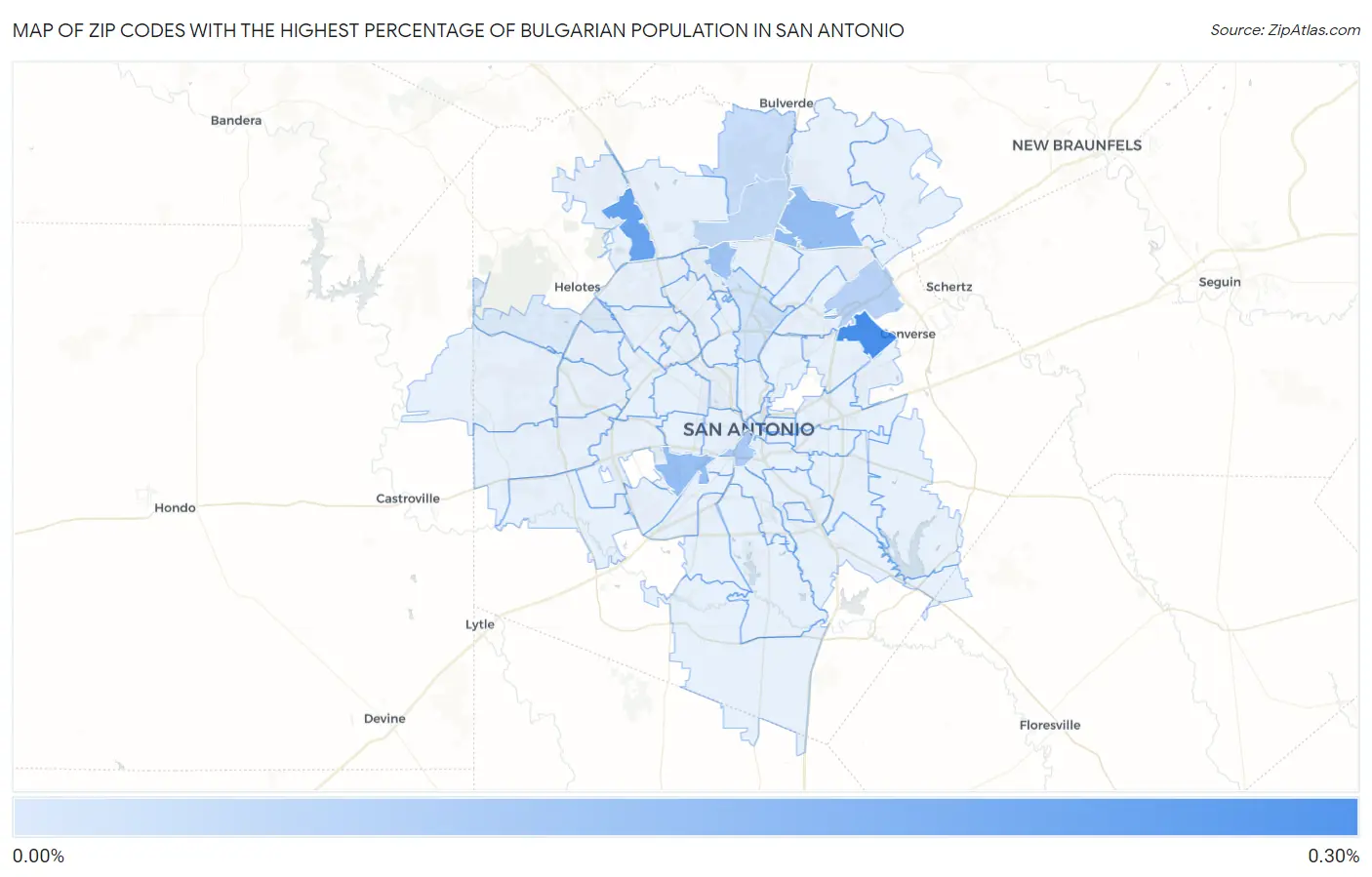 Zip Codes with the Highest Percentage of Bulgarian Population in San Antonio Map