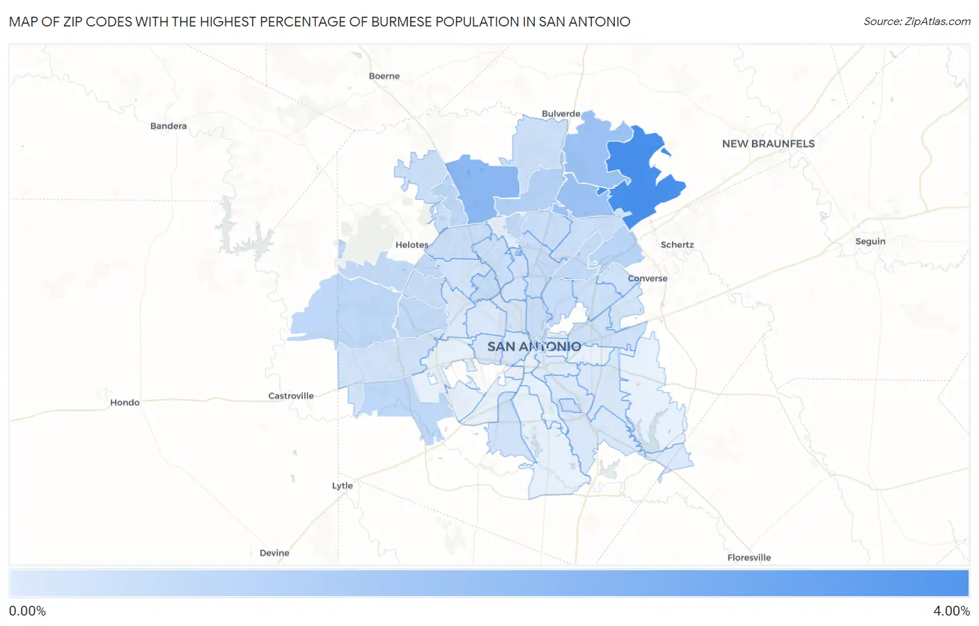 Zip Codes with the Highest Percentage of Burmese Population in San Antonio Map
