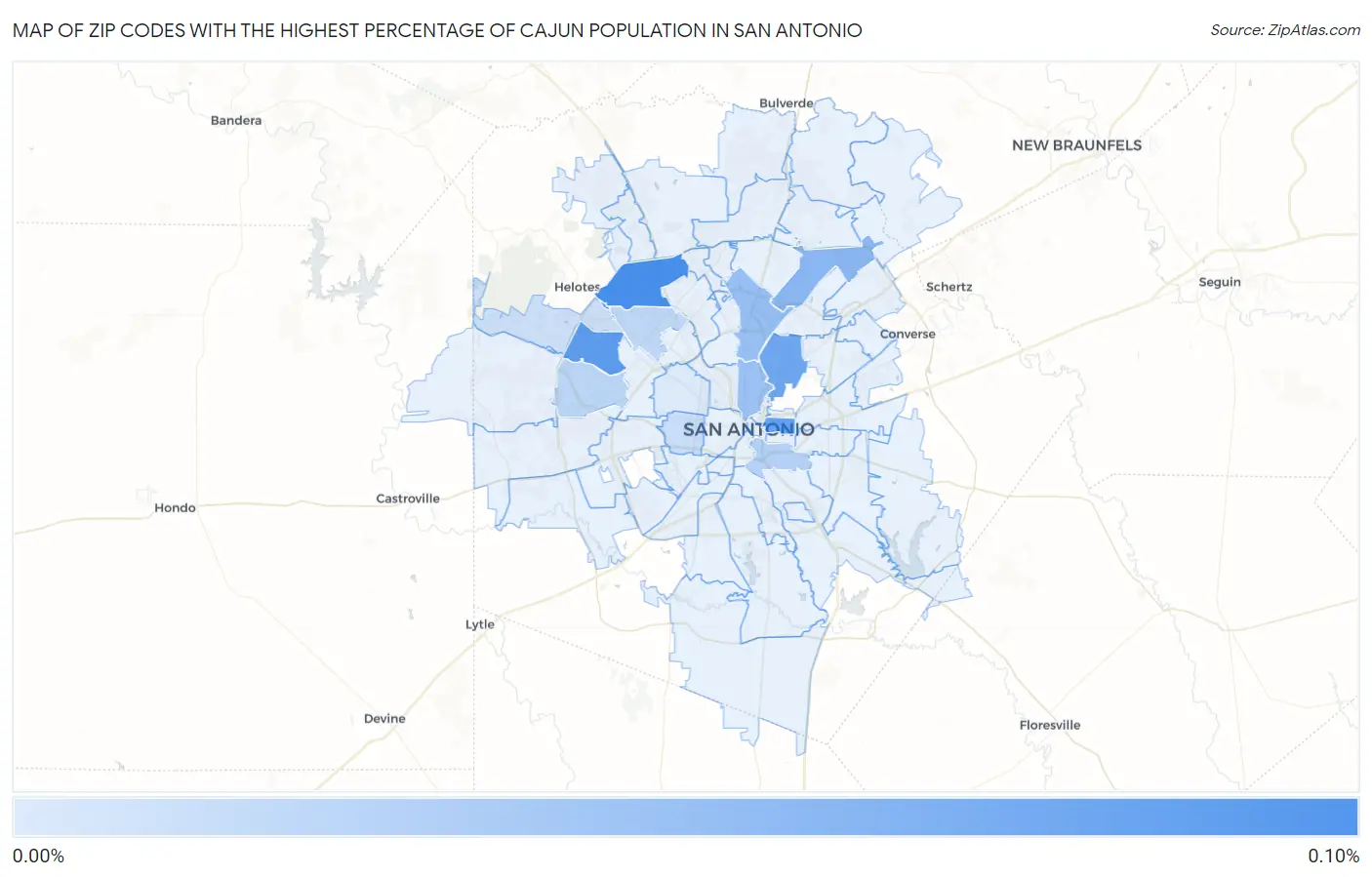 Zip Codes with the Highest Percentage of Cajun Population in San Antonio Map